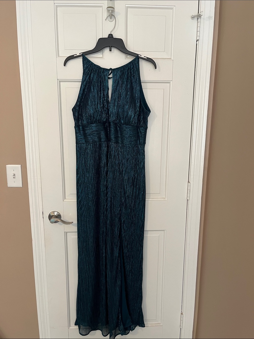 R&M Richards Teal Metallic Halter-Style Maxi Dress